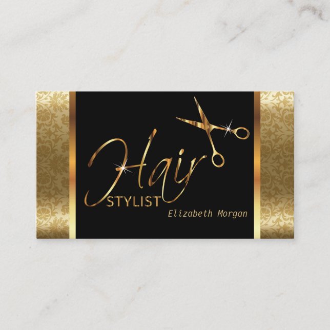 Classy Black och Guld Damask Hair Stylist Visitkort (Framsida)