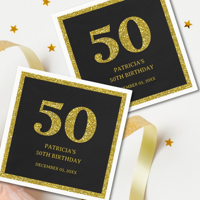 Classy Black och Guld Glitter 50:e Födelsedagsfest Pappersservett (Classy Black And Gold Glitter 50th Birthday Party paper napkins)