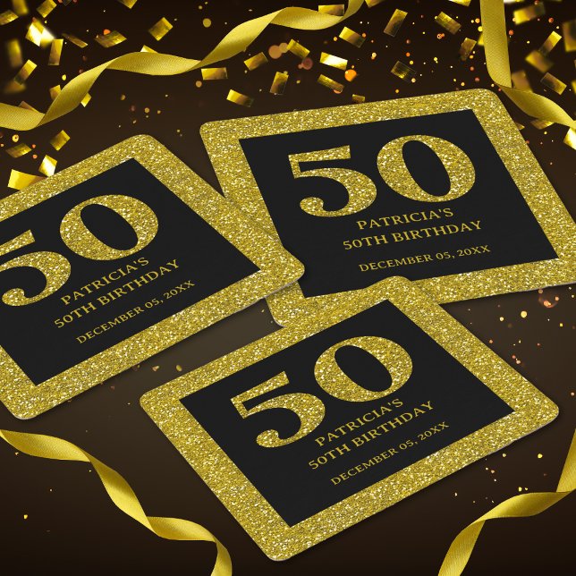 Classy Black och Guld Glitter 50:e Födelsedagsfest Underlägg Papper Kvadrat (Classy Black Gold Glitter 50th Birthday Party favors glittery glam classy  coasters)