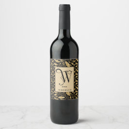 Classy Black och Guld Löv Monogram W Vinflaska Etikett