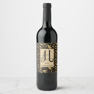 Classy Black och Guld Löv Mönster Monogram Vinflaska Etikett