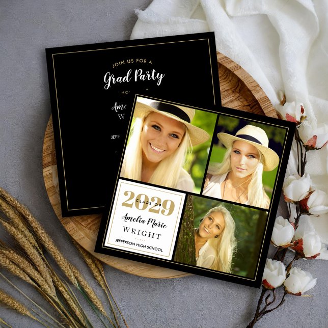 Classy Black och Guld Photo Collage Studenten Inbjudningar (Skapare uppladdad)