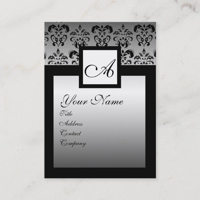 CLASSY BLACK OCH SILVER DAMASK SQUARE MONOGRAM VISITKORT (Framsida)