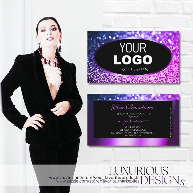 Classy Black Rosa Lila Gnistra Glitter med Logotyp Visitkort (Skapare uppladdad)