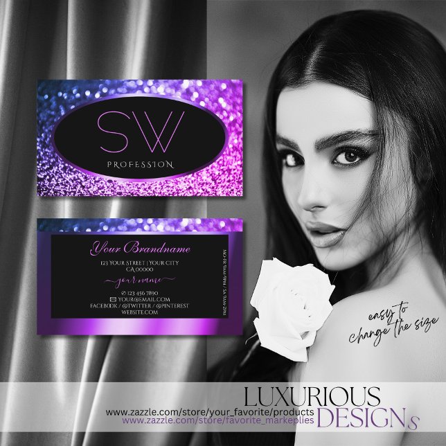 Classy Black Rosa Lila Gnistra Glitter Monogram Visitkort (Skapare uppladdad)