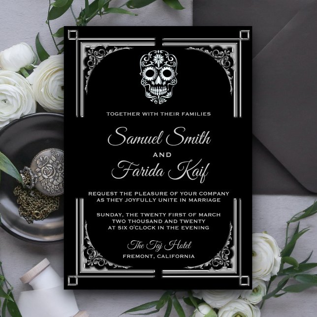 Classy Black Silver Sugar Skull Bröllopsinbjudan Inbjudningar (Skapare uppladdad)