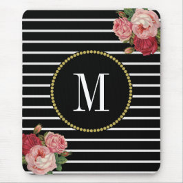 Classy Black Stripe Antique Boho Blommigt Monogram Musmatta