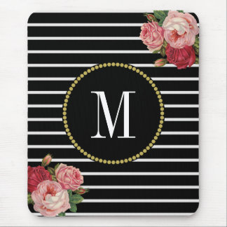 Classy Black Stripe Antique Boho Blommigt Monogram Musmatta