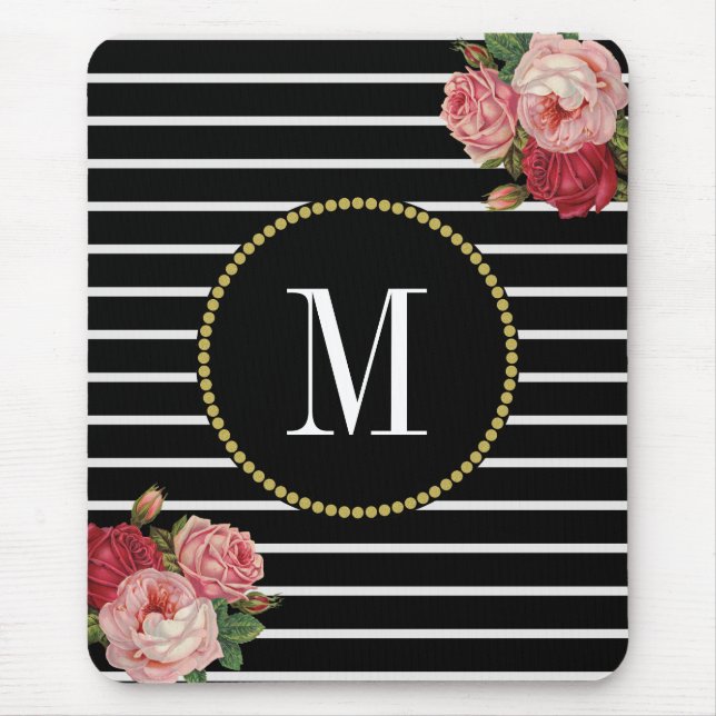 Classy Black Stripe Antique Boho Blommigt Monogram Musmatta (Framsidan)