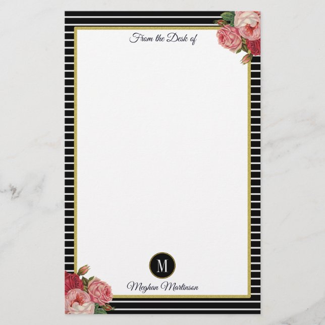 Classy Black Stripe Vintage Flower Ro Monogram Brevpapper (Framsida)