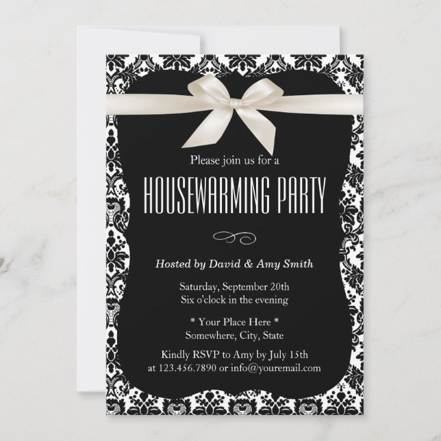 Classy Black & White Damask Houseuppvärmning Party Inbjudningar (Framsida)