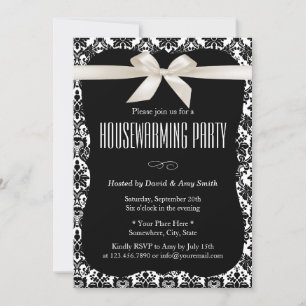 Classy Black & White Damask Houseuppvärmning Party Inbjudningar
