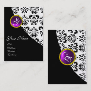 CLASSY BLACK WHITE DAMASK LILA AMETHYST MONOGRAM VISITKORT