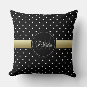 Classy Black & White Doted, Guld Ribbon Monogram Kudde