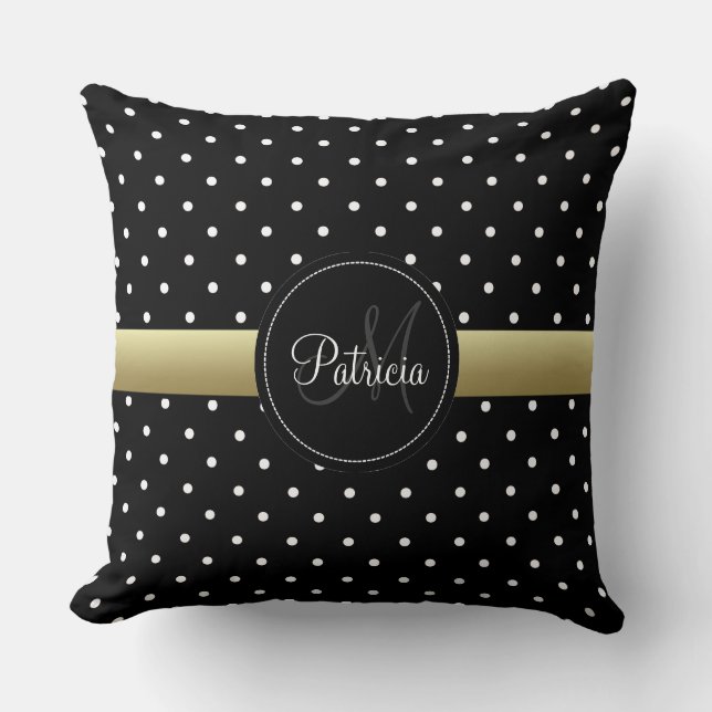 Classy Black & White Doted, Guld Ribbon Monogram Kudde (Framsida)