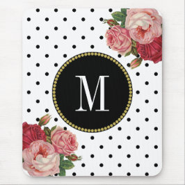 Classy Black White Dots Antique Blommigt Monogram Musmatta