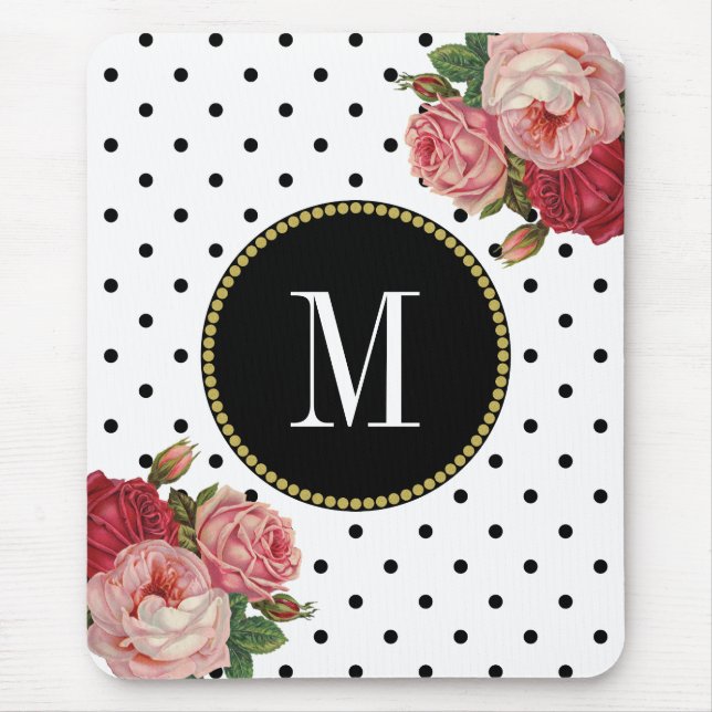 Classy Black White Dots Antique Blommigt Monogram Musmatta (Framsidan)