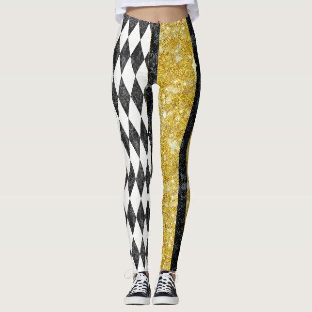 Classy Black White Gold Harlequin Diamond Argyle Leggings (Framsida)