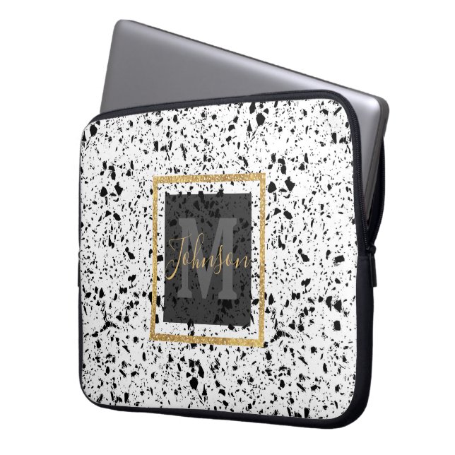 Classy Black White Marble Terrazzo Laptop Fodral (Framsidan Vänster)