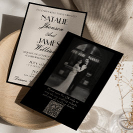 Classy Black White Old Money Photo QR Code Wedding Inbjudningar
