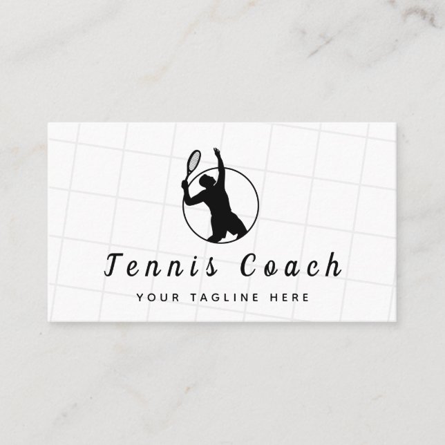 Classy Black & White Tennis Coach Professionell Visitkort (Framsida)