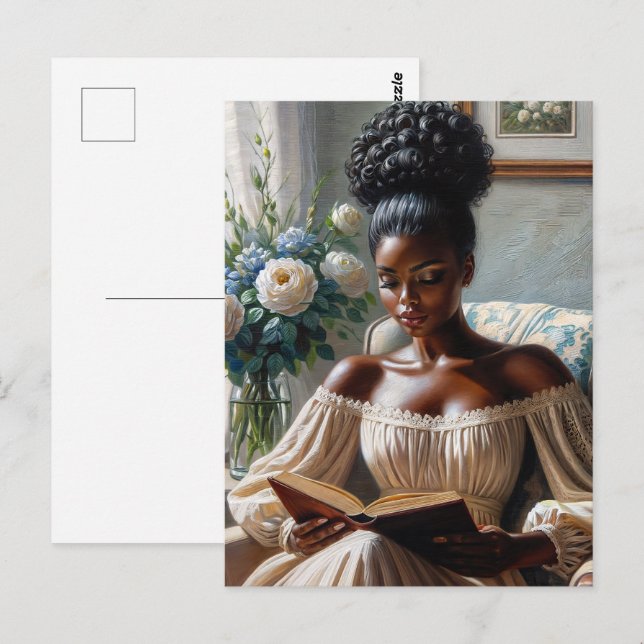 Classy Black Woman Läser A Bok Vykort (Fram/baksida)