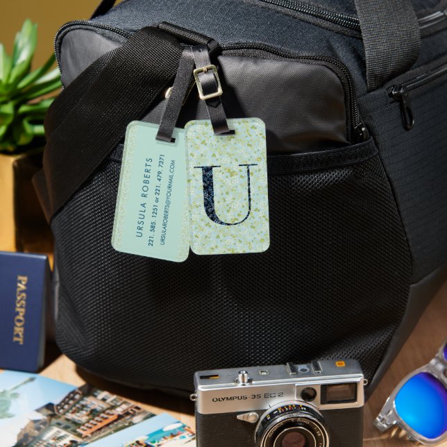 Classy Blommigt Monogrammed Brev U acqua Bagagebricka (Fram & Baksida)