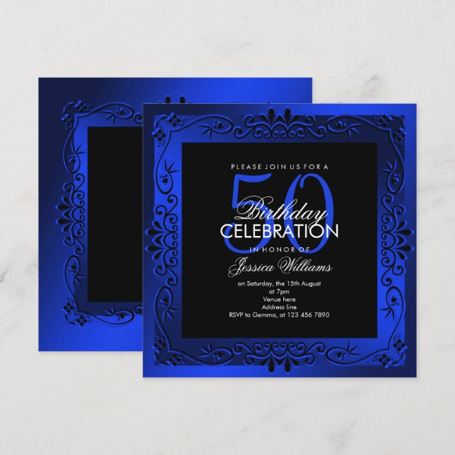 Classy Blue Decorative Framed 50:e födelsedagen Inbjudningar (Fram/baksida)