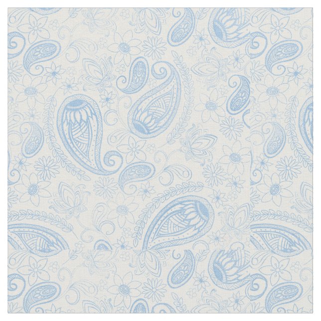 Classy Blue Glitter Paisley Blommigt White Mönster Tyg (Närbild)