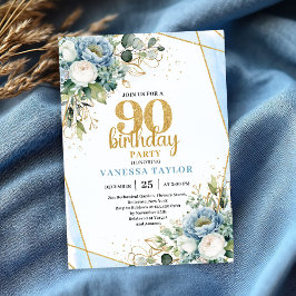 Classy Blue Gold Frame 90th Birthday Party Invite Inbjudningar