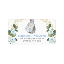 Classy Blue & Guld Elephant Baby Blommigt Greenery Adressetikett