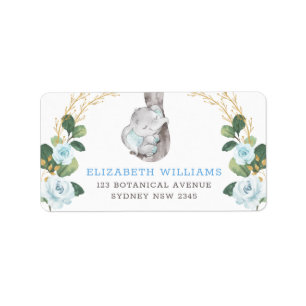 Classy Blue & Guld Elephant Baby Blommigt Greenery Adressetikett