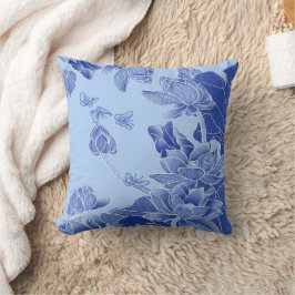 Classy Blue Modern Chinoiserie Chic Lotus Blommigt Kudde