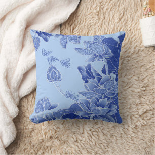 Classy Blue Modern Chinoiserie Chic Lotus Blommigt Kudde