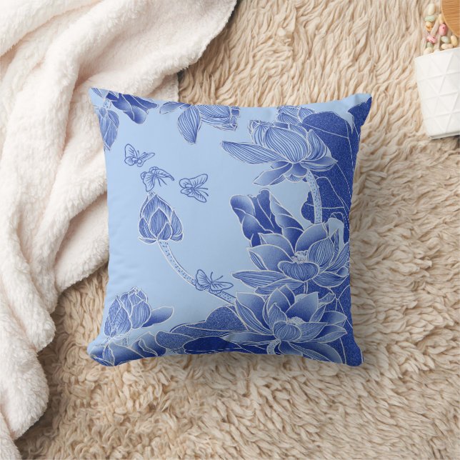 Classy Blue Modern Chinoiserie Chic Lotus Blommigt Kudde (Filt)