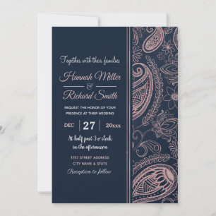 Classy Blue Ro Guld Glitter Paisley Blommigt Inbjudningar