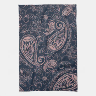 Classy Blue Ro Guld Glitter Paisley Blommigt Kökshandduk