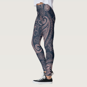 Classy Blue Ro Guld Glitter Paisley Blommigt Leggings