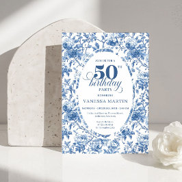Classy Blue Toile de Jouy Floral 50th Birthday  Inbjudningar