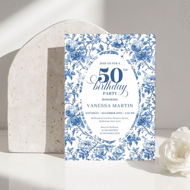 Classy Blue Toile de Jouy Floral 50th Birthday  Inbjudningar (Classy Blue Toile de Jouy Floral 50th Birthday Invite)