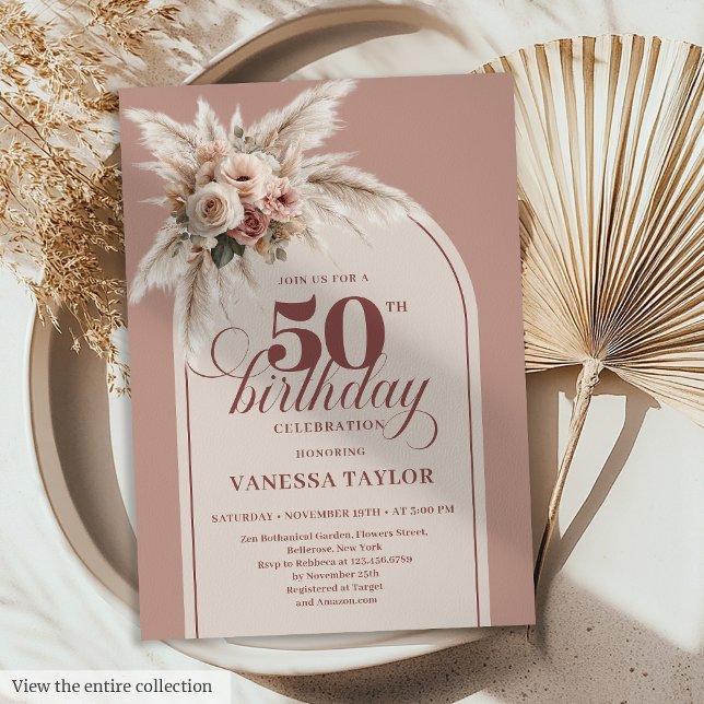 Classy Boho Dusty Rose Pampas Floral 50th Birthday Inbjudningar (Classy Boho Dusty Rose Pampas Floral 50th Birthday)