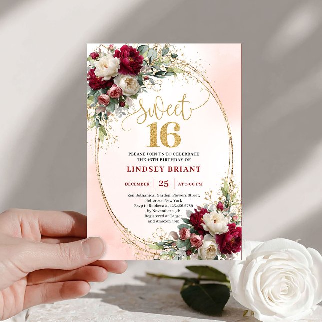 Classy Boho Merlot Gold Floral Sweet Sixteen  Inbjudningar (Classy Boho Merlot Gold Floral Sweet Sixteen Invite)
