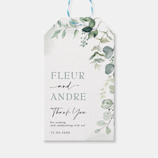 Classy Botanical Eucalyptus Greenery Wedding Favor Presentetikett (Framsidan)