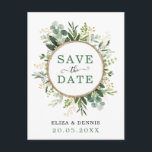 Classy Botanical Greenery Guld Spara datumet Meddelande Vykort<br><div class="desc">Tryck på dina gäster med den här klassen och spara datumkortet. Den moderna och nya designen har en elegant vattenfärgsgreer som är kompletterad med snyggtens text. Använda fält att anpassa kortet med din egen ordalydelse och information. Bakgrunden färg i inbjudan är vit, men du kan välja en ny fyllning färg...</div>