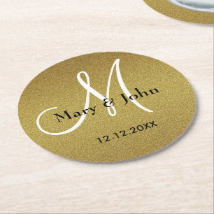 Classy Bröllop Monogram Glitter Guld Underlägg Papper Rund