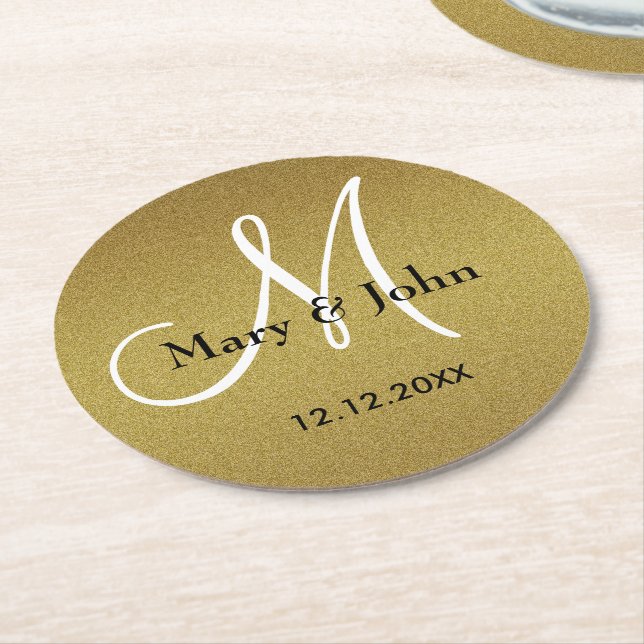 Classy Bröllop Monogram Glitter Guld Underlägg Papper Rund (Vinklad)