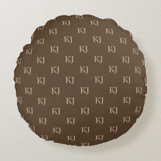 Classy Brown & Beige Monogram Initialer Mönster Rund Kudde (Framsidan)