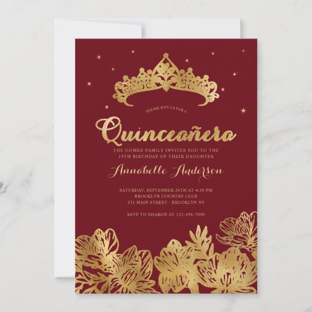 Classy Burgundy Red Guld Quinceañera Blommigt Tiar Inbjudningar (Framsida)