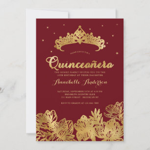 Classy Burgundy Red Guld Quinceañera Blommigt Tiar Inbjudningar