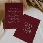 Classy Burgundy White Fancy Old Money Wedding Spara Datumet<br><div class="desc">This modern & retro funky minimalist Wedding burgundy and white Save The Date Template is great for you. If you are looking for a pretty, elegant and easy to customize deep red Wedding Save The Date Template .A very elegant simple white script wedding save the date on red background on...</div>